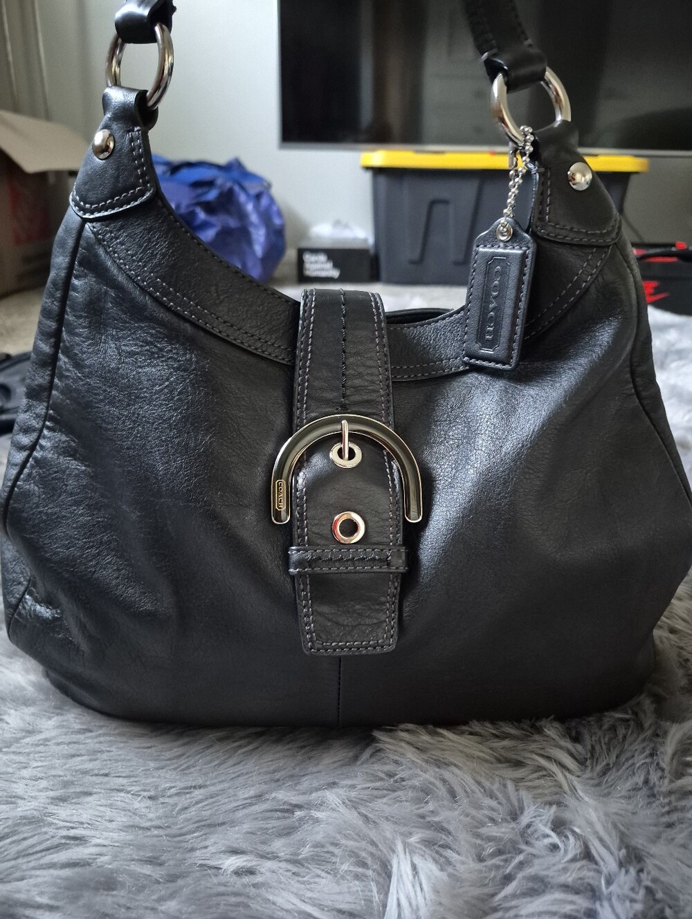 Coach Black Leather Shoulder Bag with Polished Buckle